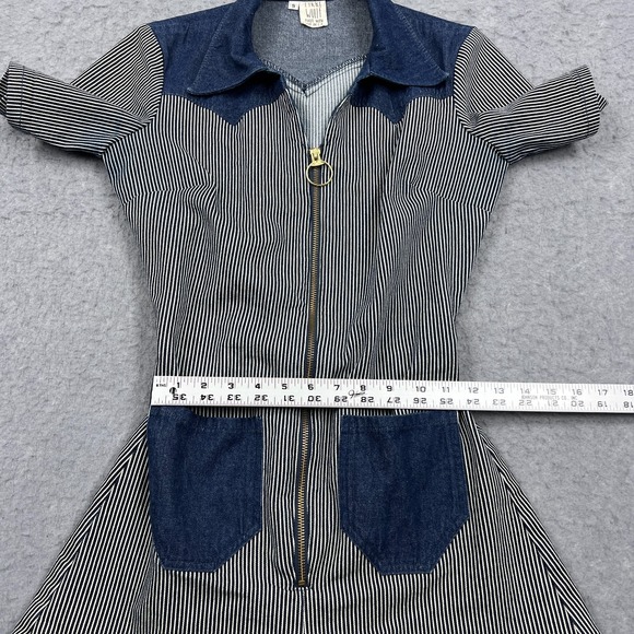 LYKKE WULLF Janae Romper Womens Small Navy Stripe 3" Denim Zip 70s Pockets Retro - Picture 5 of 12